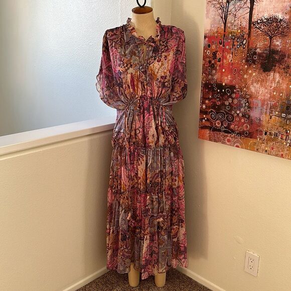 Misa Ilya Split-Neck Tiered Midi Dress Size M - Picture 3 of 8